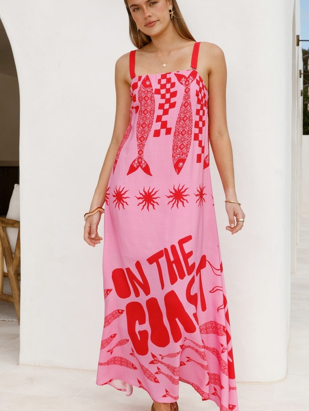 Paper Heart Pink Maxi Dress with Red Graphic Print